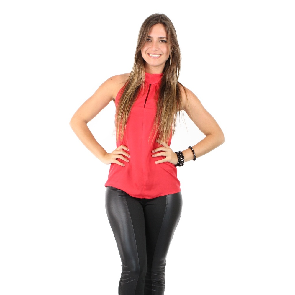 Fashion Red Satin Elastic Back Blouse
